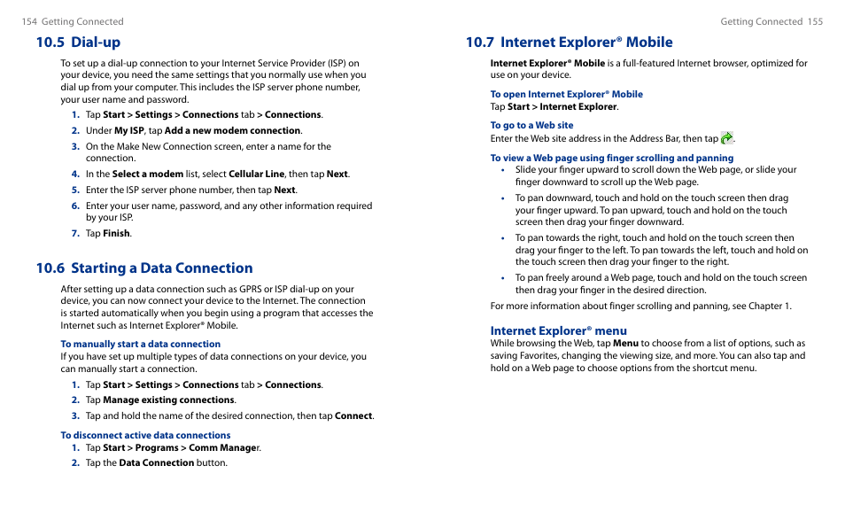 5 dial-up, 6 starting a data connection, 7 internet explorer® mobile | Internet explorer® menu | HTC Touch HS S00 User Manual | Page 88 / 135