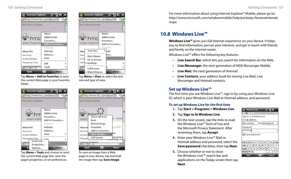 8 windows live, Set up windows live | HTC Touch HS S00 User Manual | Page 89 / 135