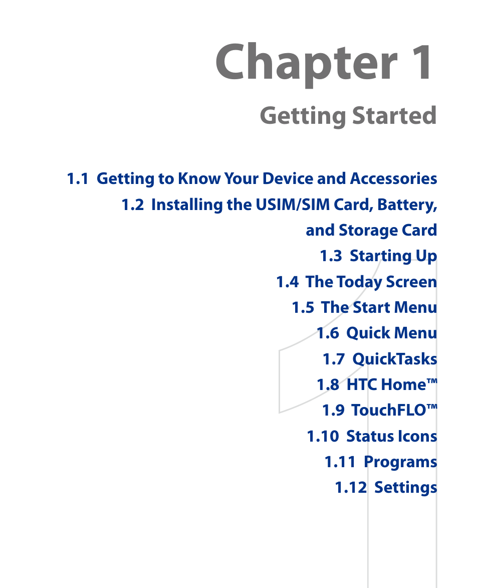 Chapter 1, Getting started | HTC Touch HS S00 User Manual | Page 9 / 135