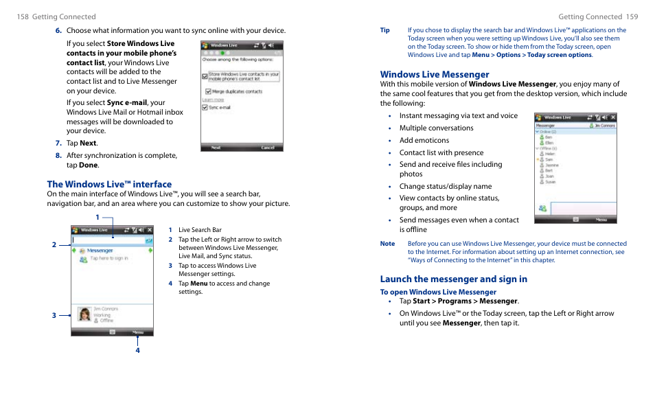 Windows live messenger, Launch the messenger and sign in, The windows live™ interface | HTC Touch HS S00 User Manual | Page 90 / 135