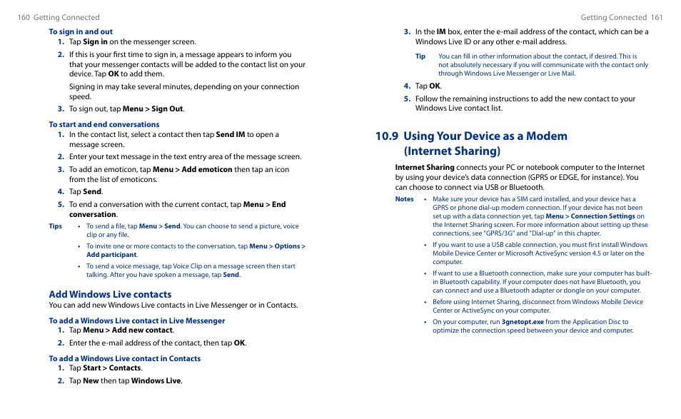 9 using your device as a modem, Internet sharing), 9 using your device as a modem (internet sharing) | Add windows live contacts | HTC Touch HS S00 User Manual | Page 91 / 135