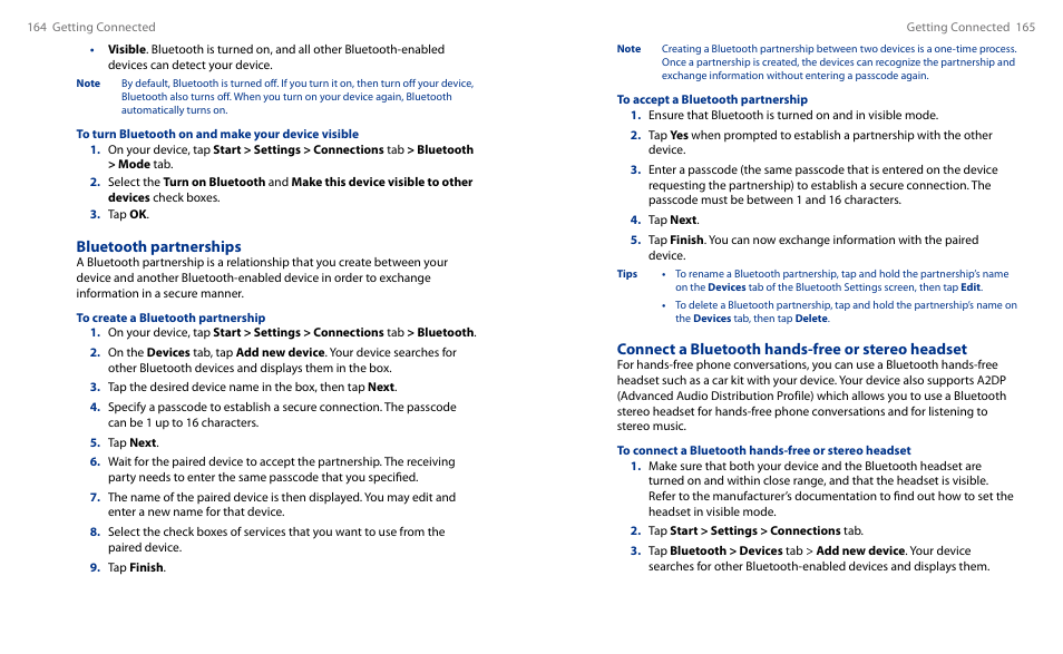 Connect a bluetooth hands-free or stereo headset, Bluetooth partnerships | HTC Touch HS S00 User Manual | Page 93 / 135