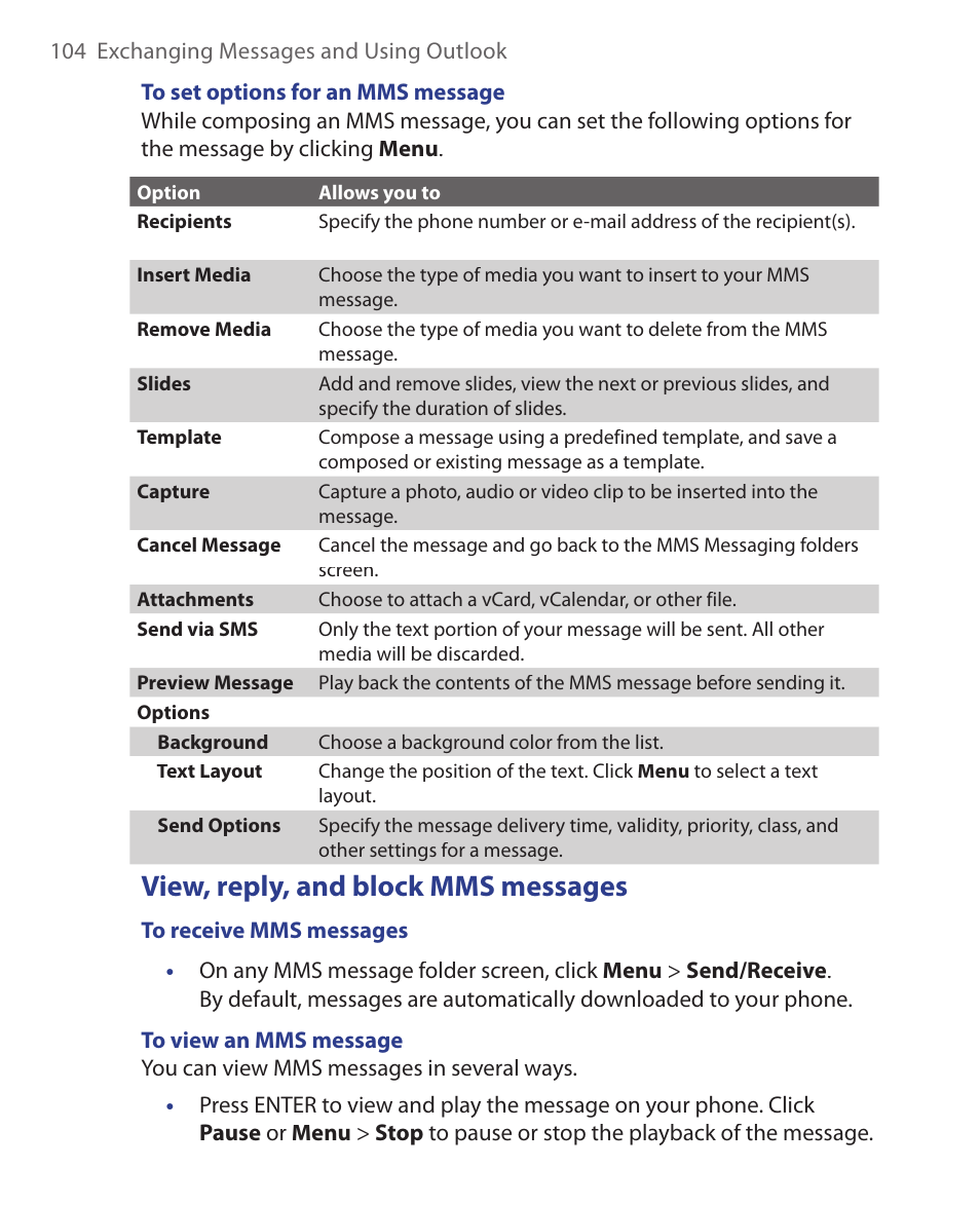 View, reply, and block mms messages | HTC EMC220 User Manual | Page 104 / 172