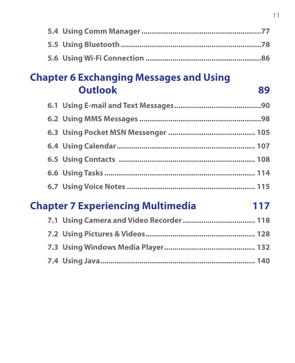 Chapter 6 exchanging messages and using outlook 89, Chapter 7 experiencing multimedia 117 | HTC EMC220 User Manual | Page 11 / 172