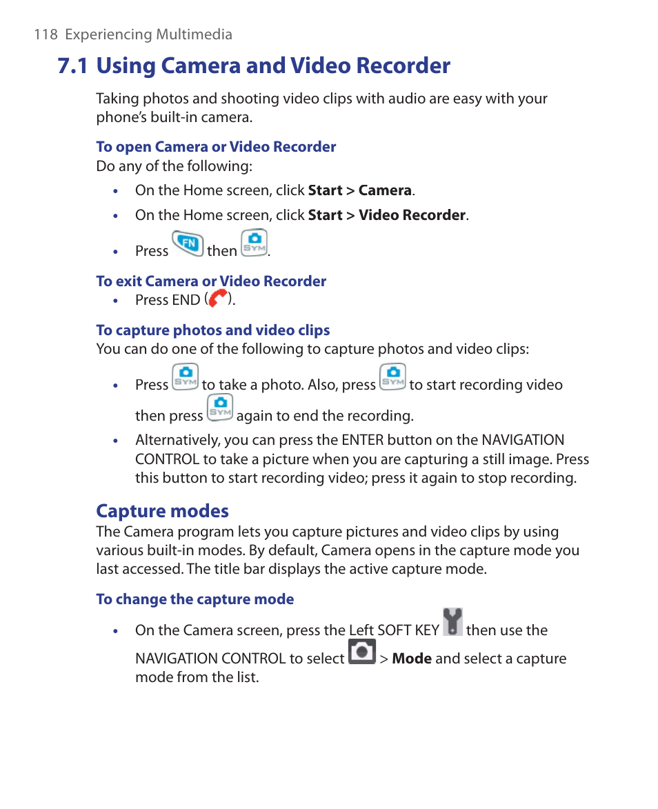 1 using camera and video recorder, Capture modes | HTC EMC220 User Manual | Page 118 / 172