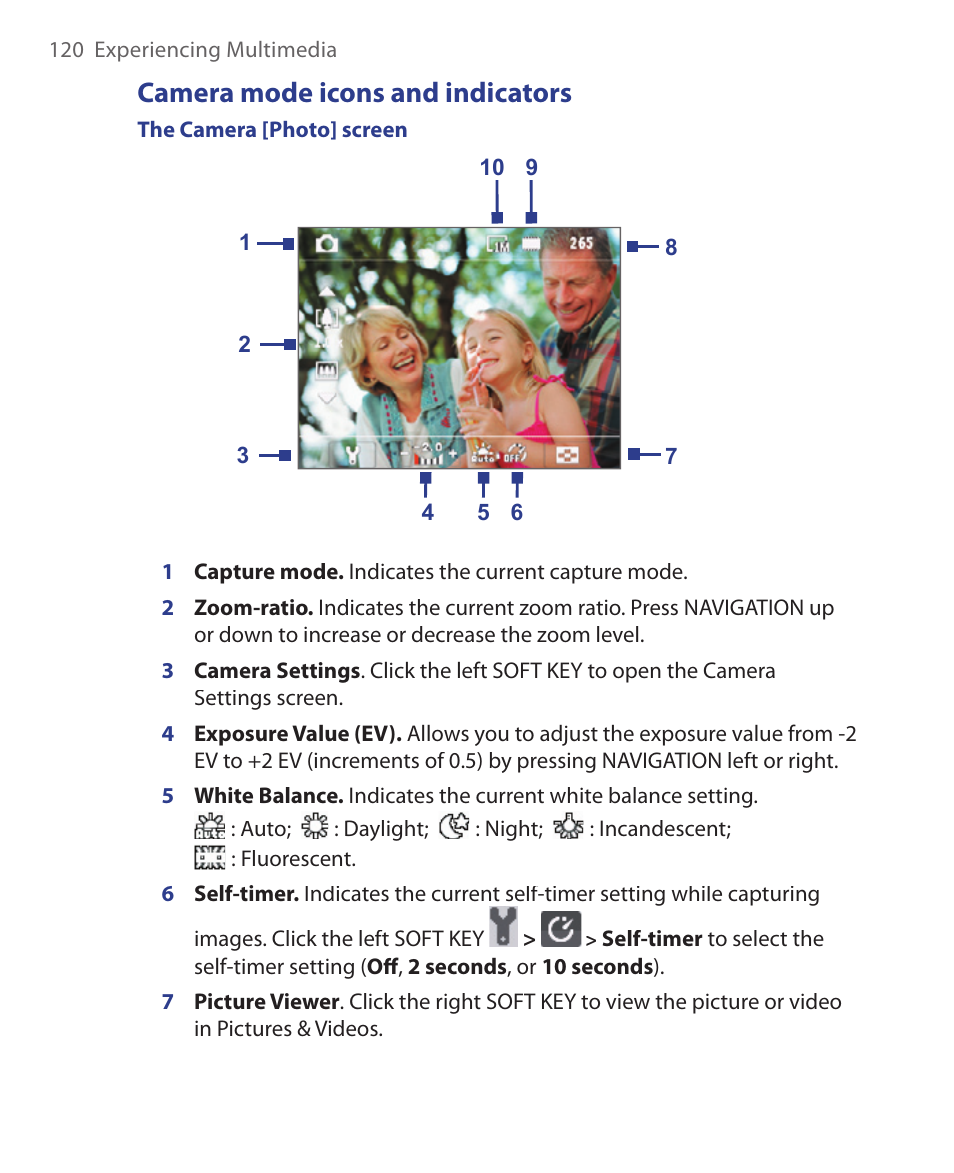 Camera mode icons and indicators | HTC EMC220 User Manual | Page 120 / 172