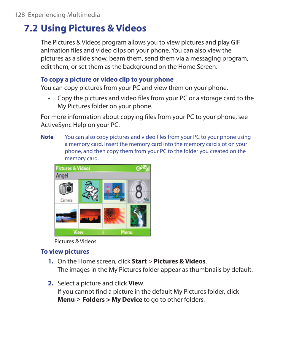 2 using pictures & videos | HTC EMC220 User Manual | Page 128 / 172
