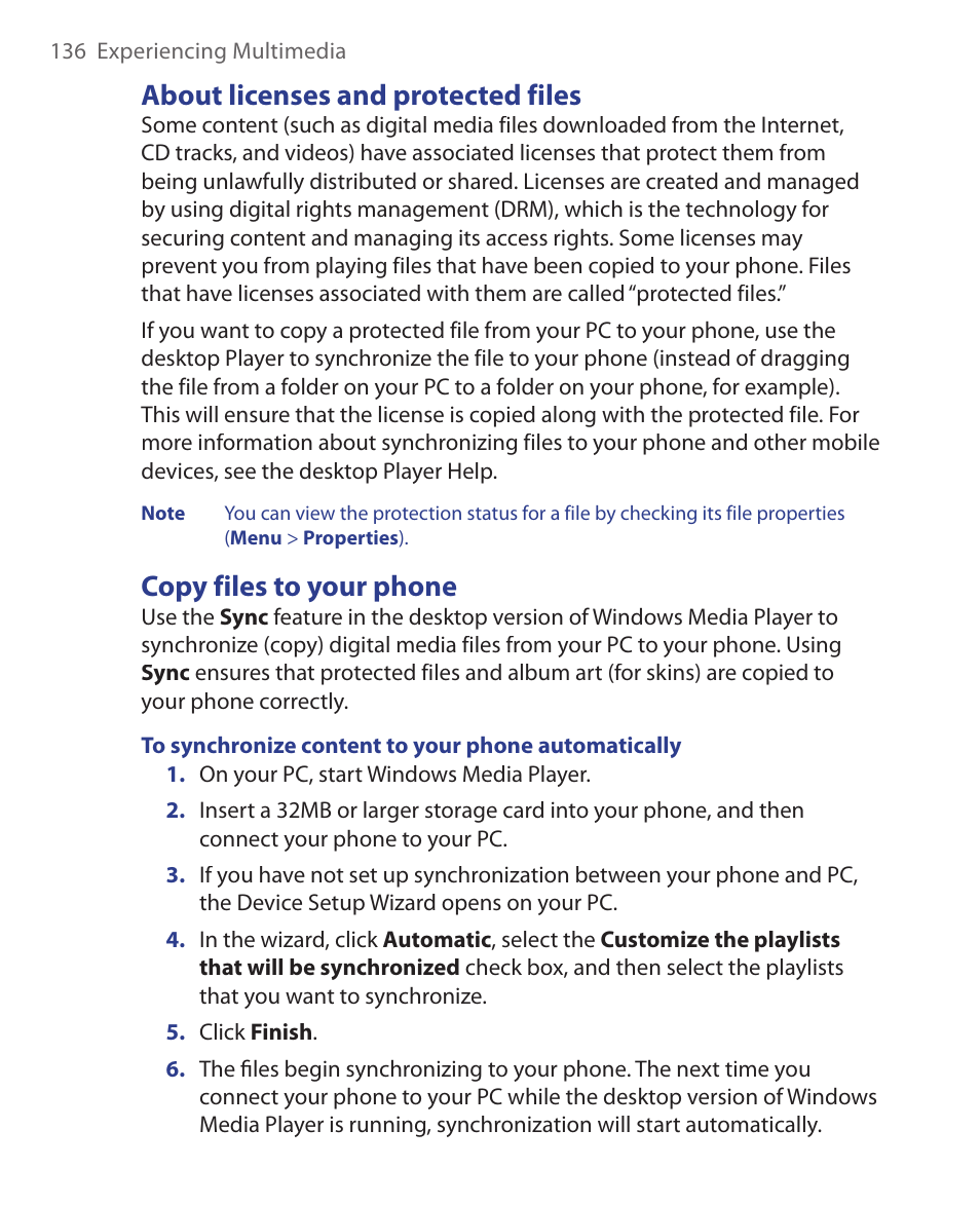 About licenses and protected files, Copy files to your phone | HTC EMC220 User Manual | Page 136 / 172