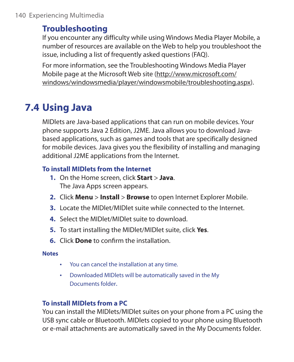 4 using java, Troubleshooting | HTC EMC220 User Manual | Page 140 / 172
