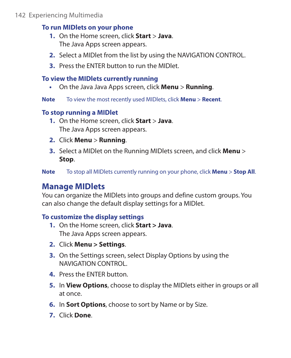 Manage midlets | HTC EMC220 User Manual | Page 142 / 172