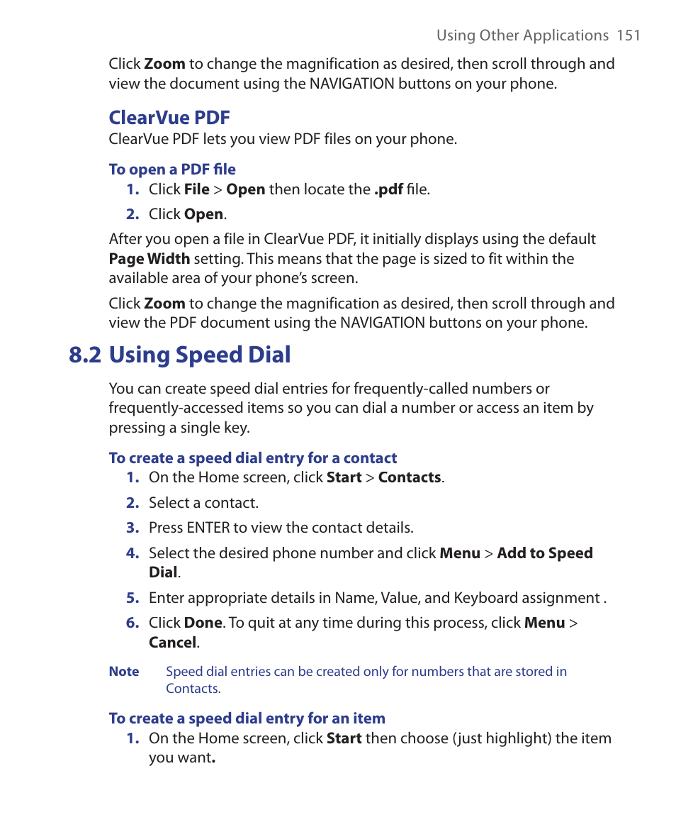 2 using speed dial, Clearvue pdf | HTC EMC220 User Manual | Page 151 / 172