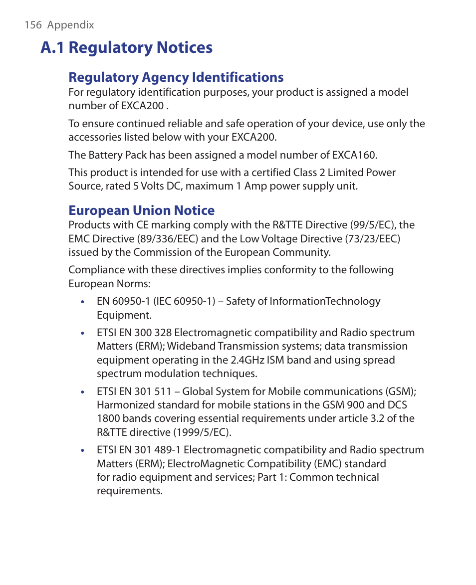 A.1 regulatory notices, Regulatory agency identifications, European union notice | HTC EMC220 User Manual | Page 156 / 172