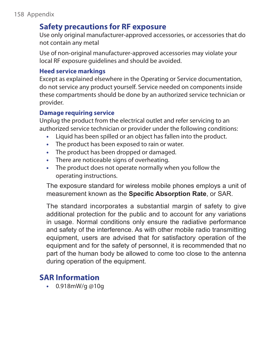 Safety precautions for rf exposure, Sar information | HTC EMC220 User Manual | Page 158 / 172