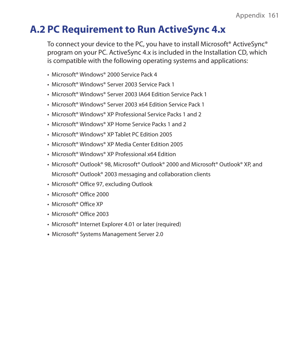 A.2 pc requirement to run activesync 4.x | HTC EMC220 User Manual | Page 161 / 172