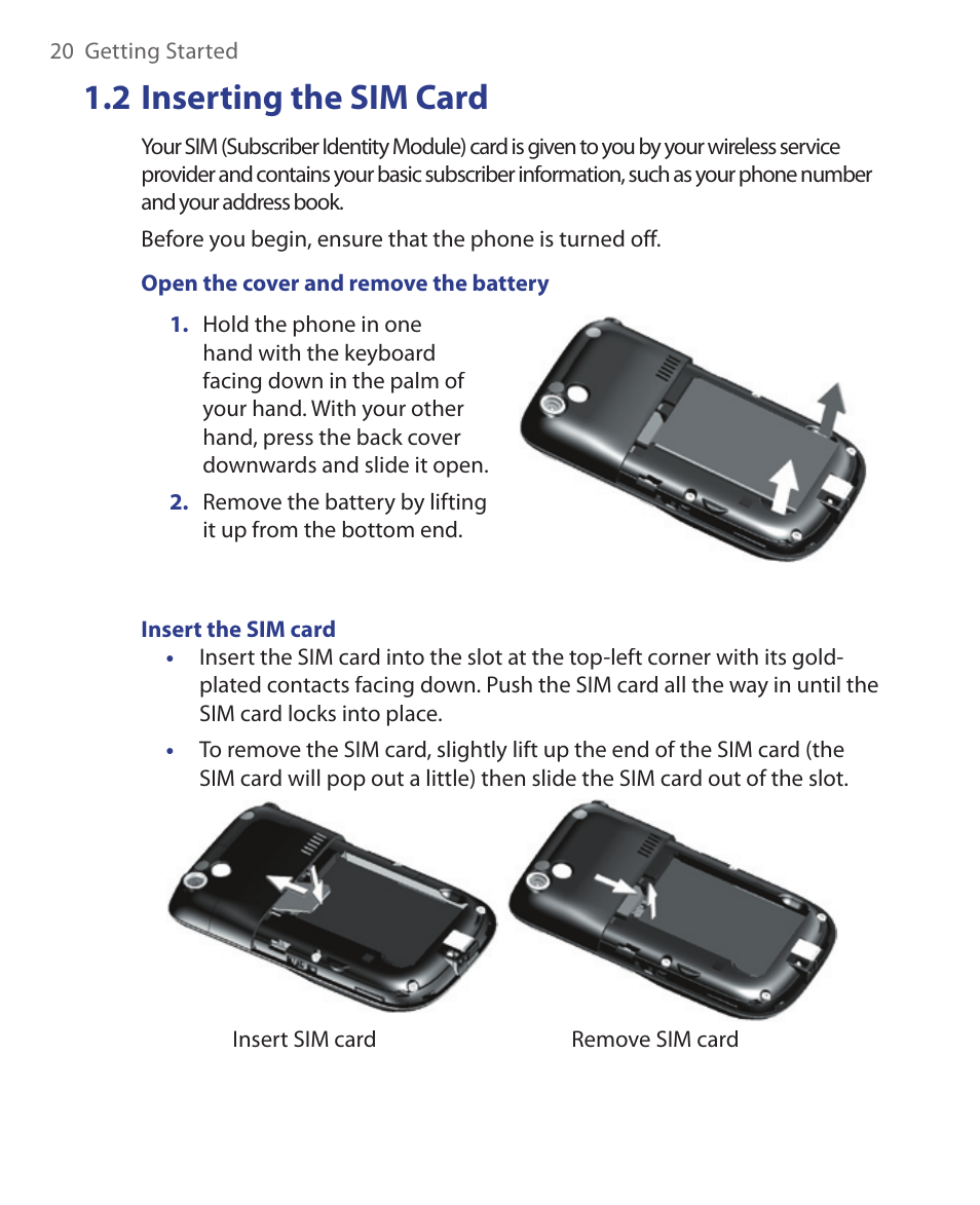 2 inserting the sim card | HTC EMC220 User Manual | Page 20 / 172