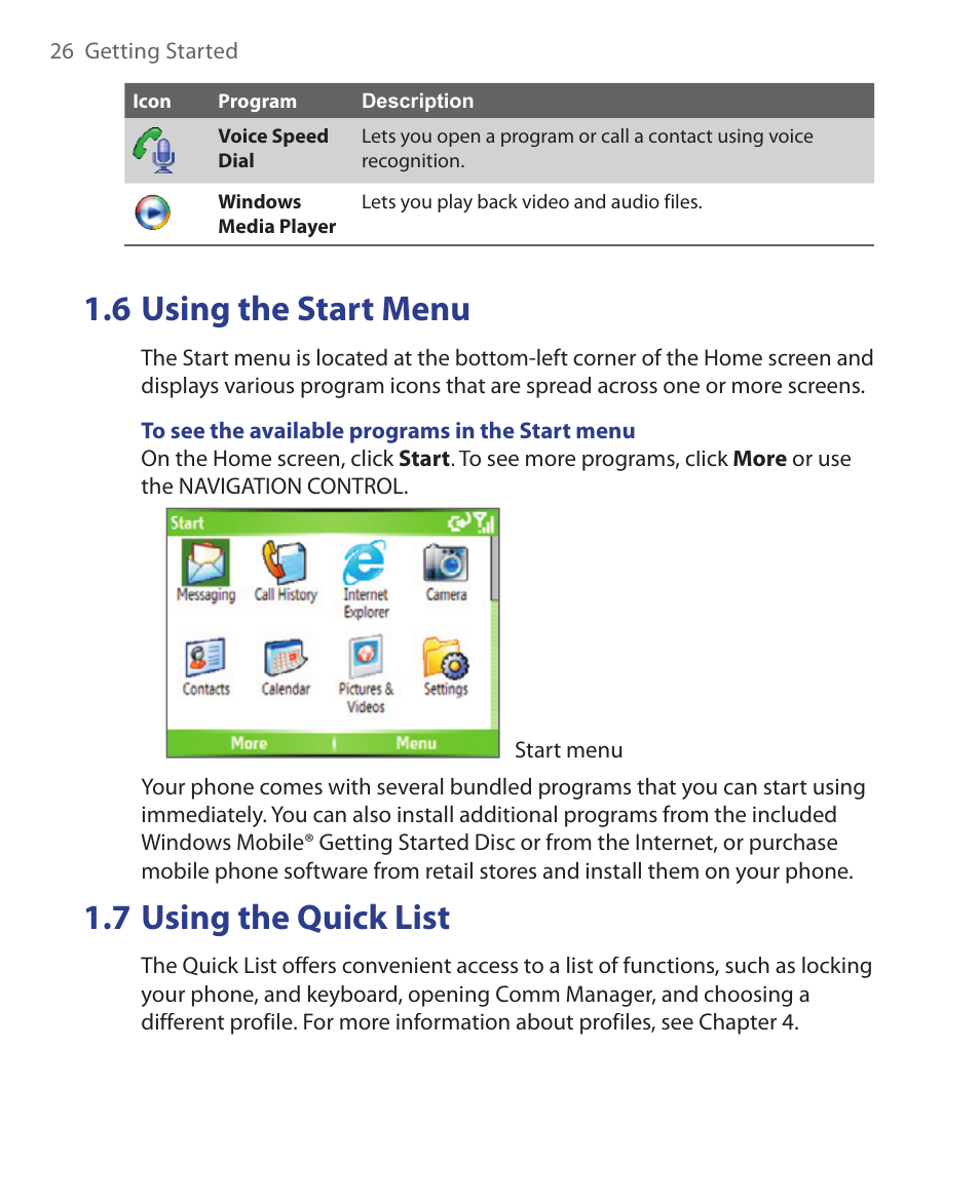 6 using the start menu, 7 using the quick list | HTC EMC220 User Manual | Page 26 / 172