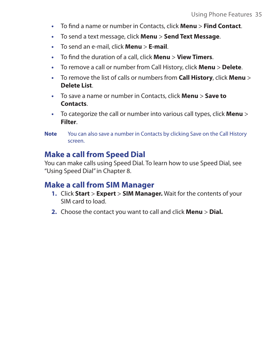 Make a call from speed dial, Make a call from sim manager | HTC EMC220 User Manual | Page 35 / 172