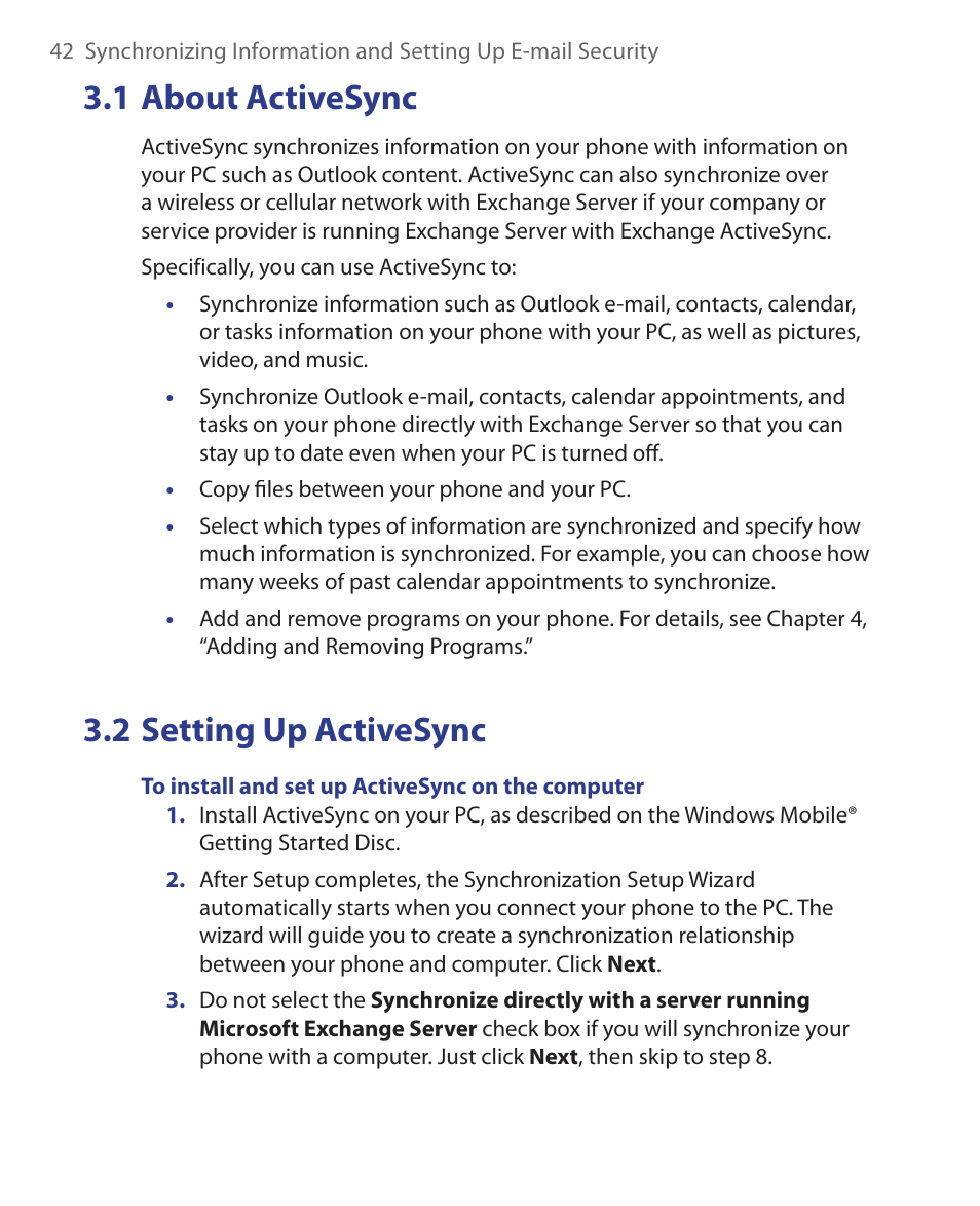 1 about activesync, 2 setting up activesync | HTC EMC220 User Manual | Page 42 / 172