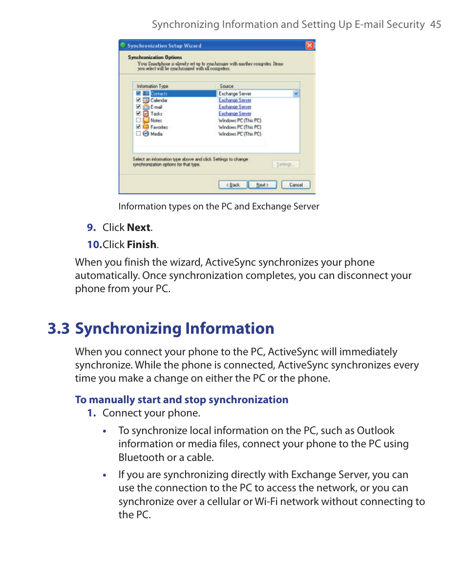 3 synchronizing information | HTC EMC220 User Manual | Page 45 / 172