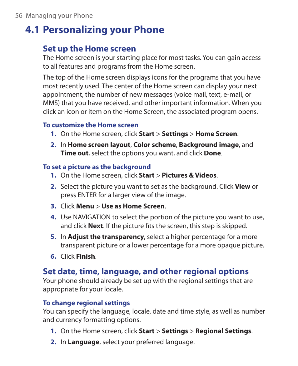 1 personalizing your phone, Set up the home screen | HTC EMC220 User Manual | Page 56 / 172