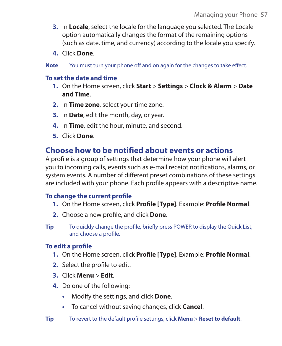 Choose how to be notified about events or actions | HTC EMC220 User Manual | Page 57 / 172