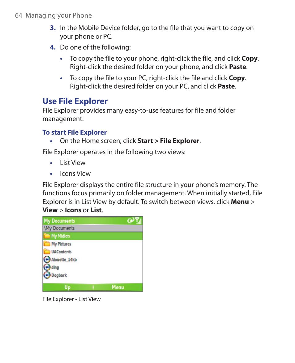 Use file explorer | HTC EMC220 User Manual | Page 64 / 172
