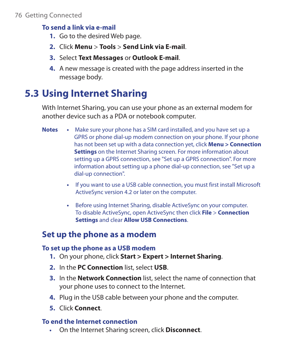 3 using internet sharing, Set up the phone as a modem | HTC EMC220 User Manual | Page 76 / 172