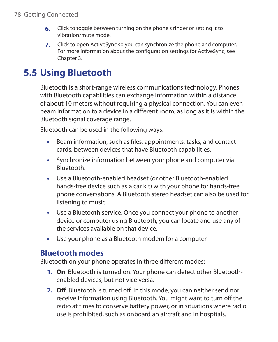 5 using bluetooth, Bluetooth modes | HTC EMC220 User Manual | Page 78 / 172