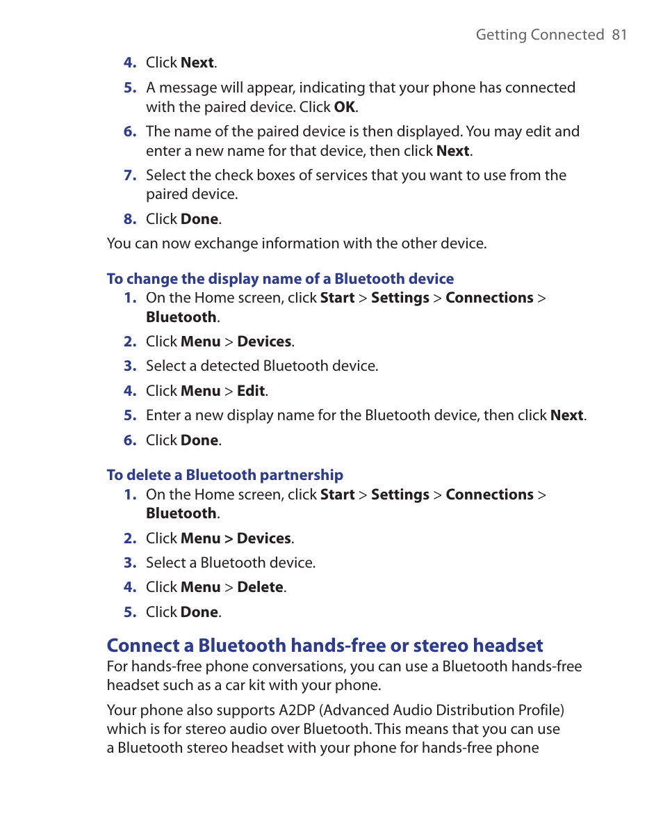 Connect a bluetooth hands-free or stereo headset | HTC EMC220 User Manual | Page 81 / 172