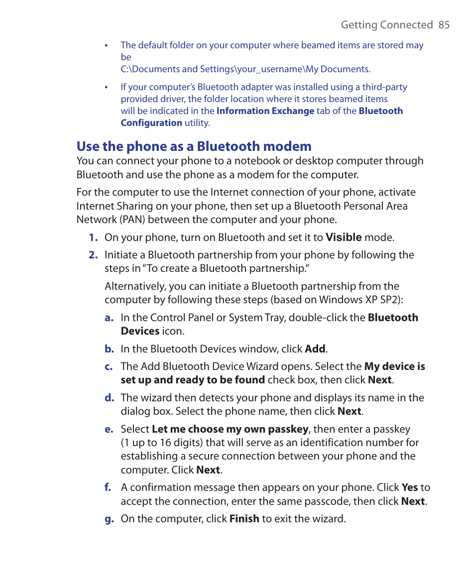 Use the phone as a bluetooth modem | HTC EMC220 User Manual | Page 85 / 172
