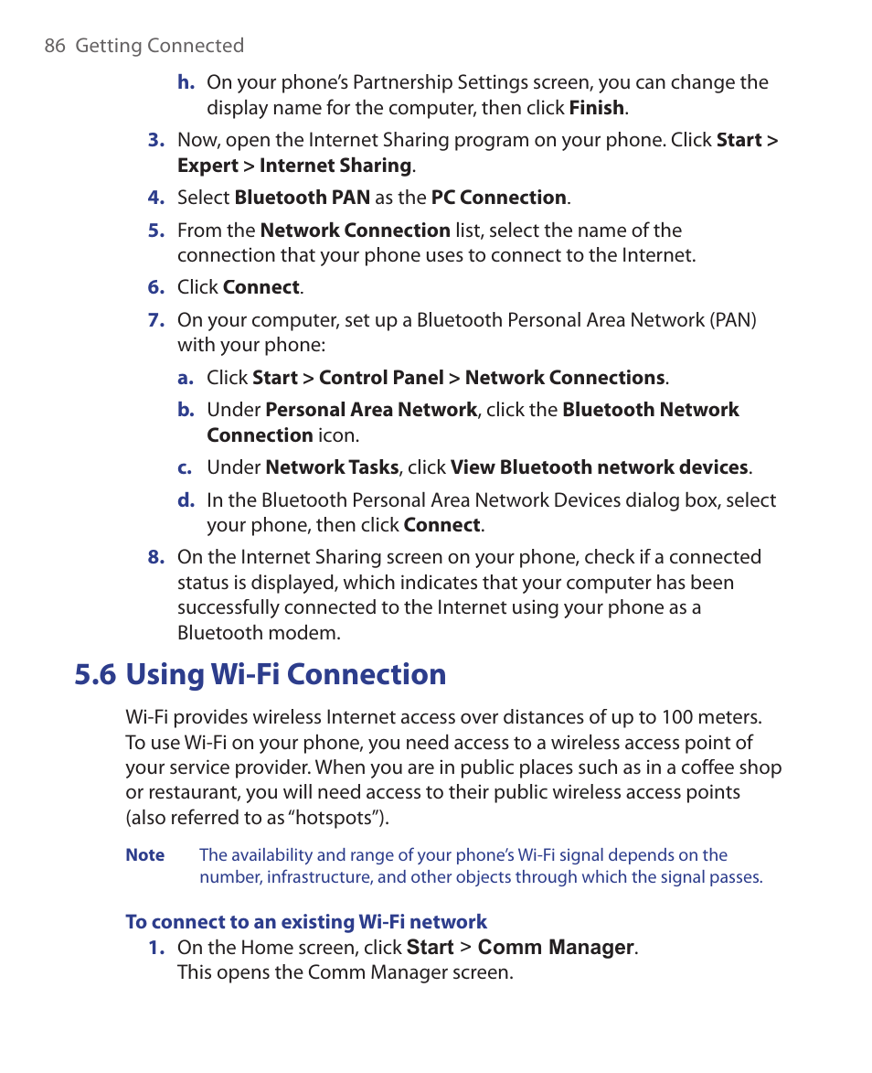 6 using wi-fi connection | HTC EMC220 User Manual | Page 86 / 172