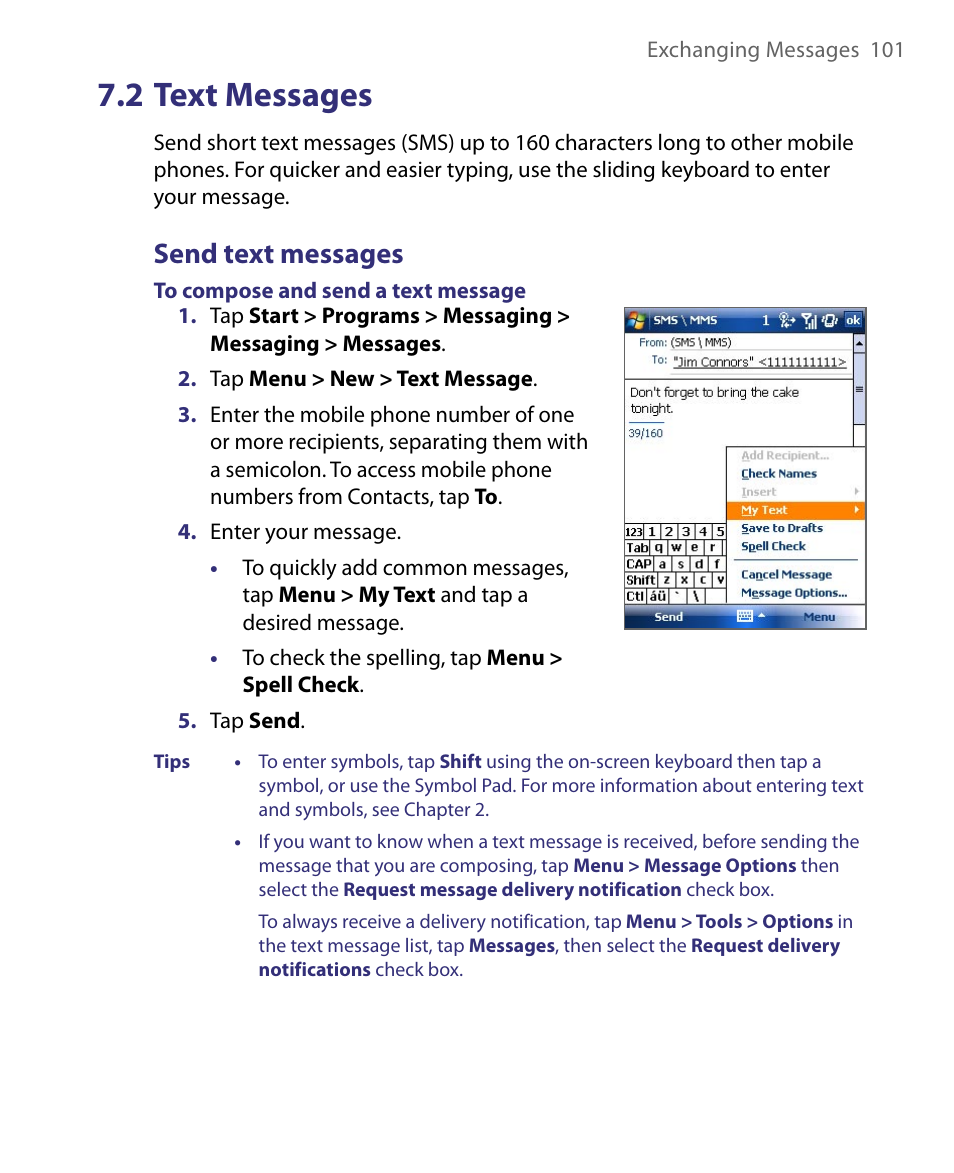 2 text messages, Send text messages | HTC Tilt 8900 User Manual | Page 101 / 240