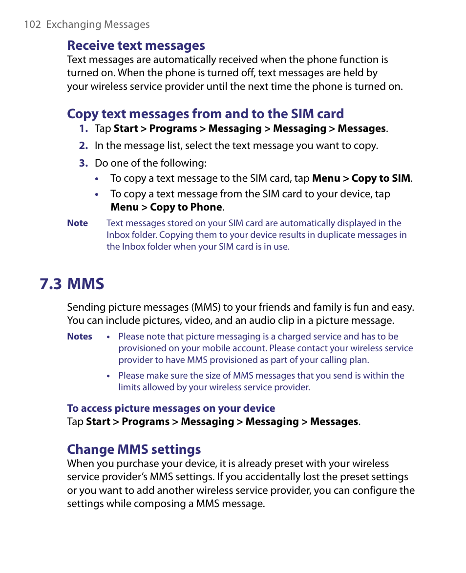 3 mms, Receive text messages, Copy text messages from and to the sim card | Change mms settings | HTC Tilt 8900 User Manual | Page 102 / 240