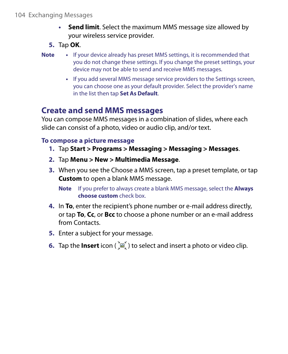 Create and send mms messages | HTC Tilt 8900 User Manual | Page 104 / 240