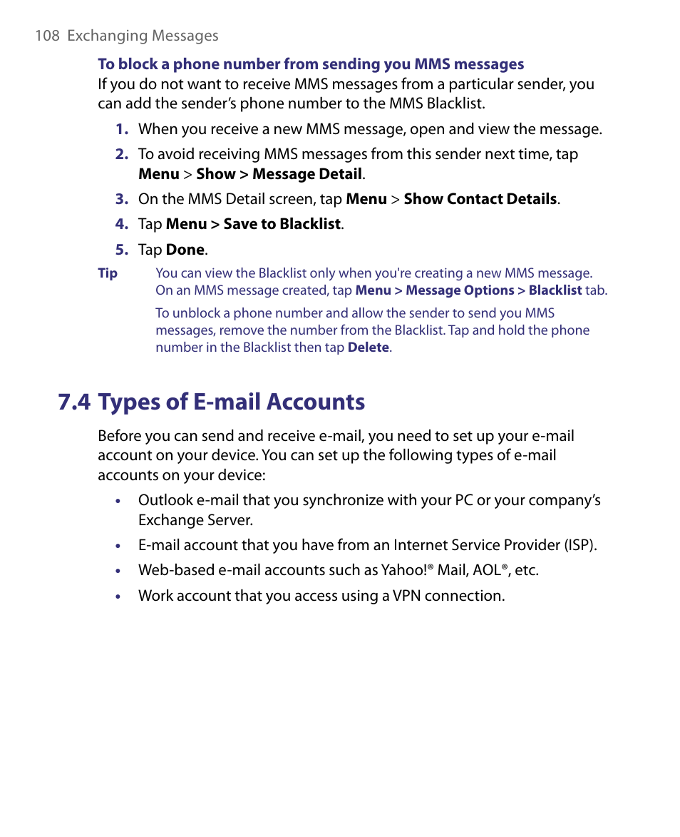 4 types of e-mail accounts | HTC Tilt 8900 User Manual | Page 108 / 240