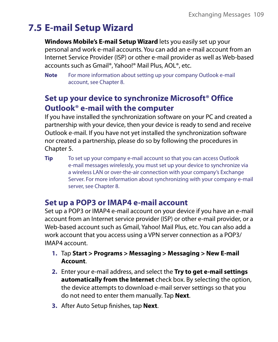 5 e-mail setup wizard, Set up a pop3 or imap4 e-mail account | HTC Tilt 8900 User Manual | Page 109 / 240