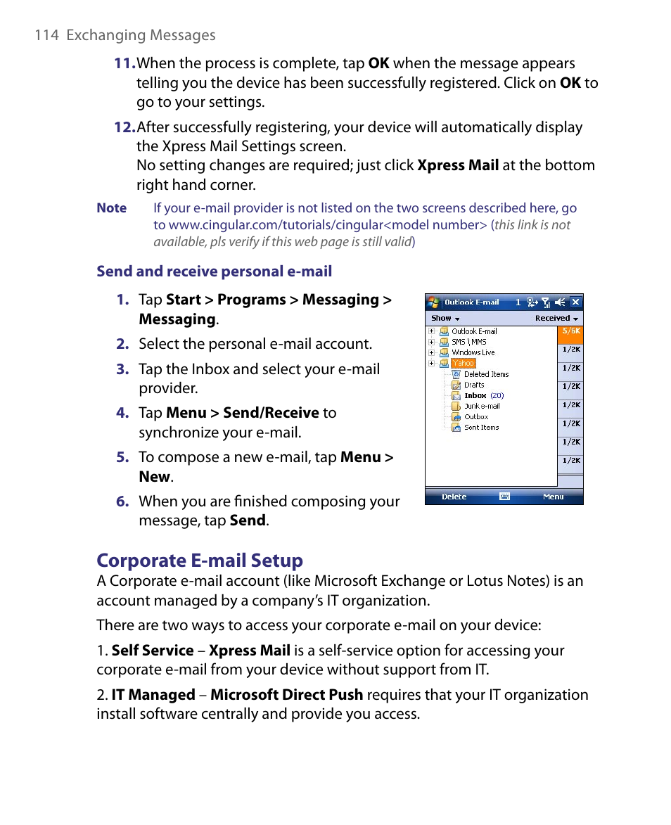 Corporate e-mail setup | HTC Tilt 8900 User Manual | Page 114 / 240