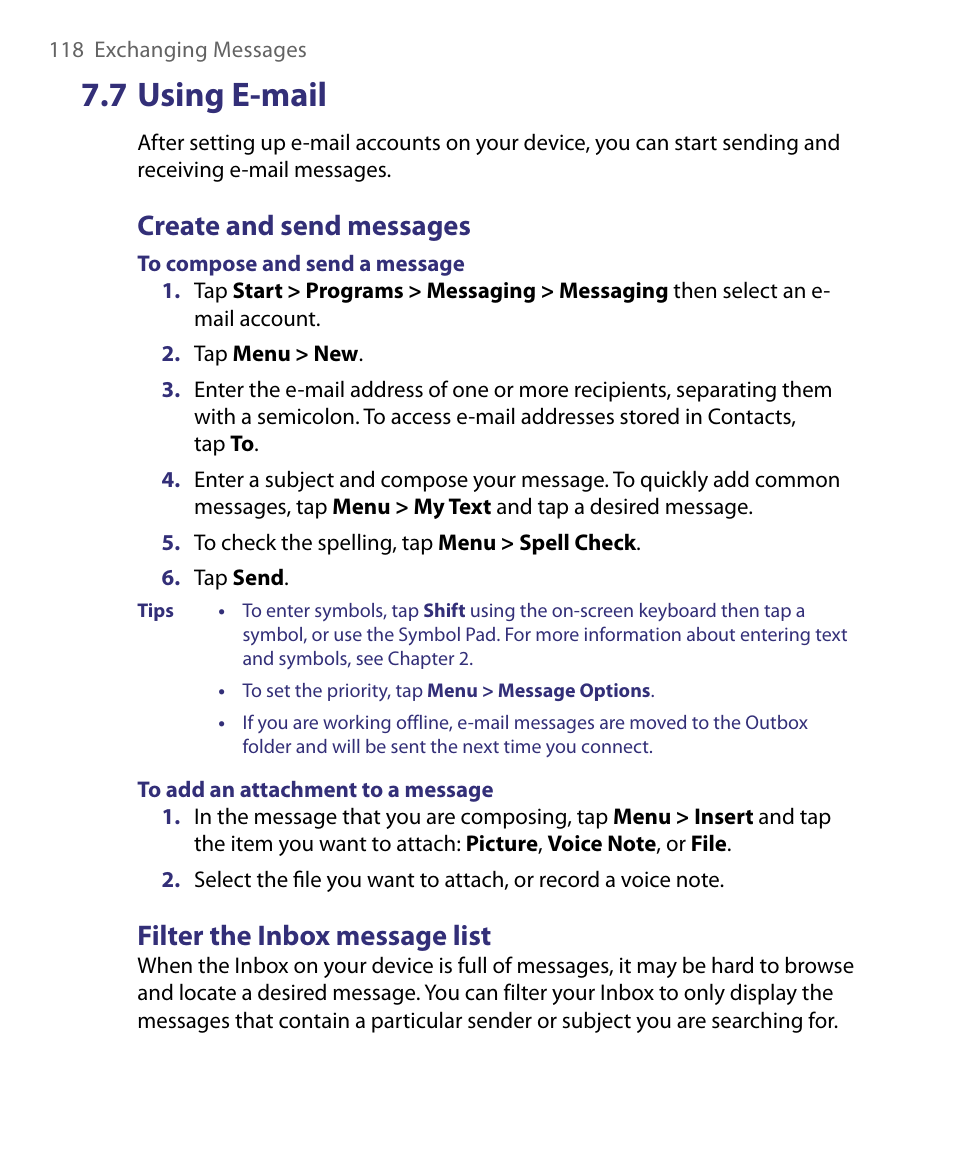 7 using e-mail, Create and send messages, Filter the inbox message list | HTC Tilt 8900 User Manual | Page 118 / 240