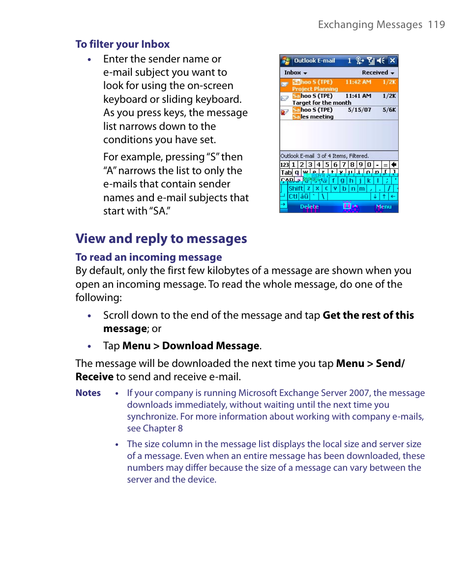 View and reply to messages | HTC Tilt 8900 User Manual | Page 119 / 240