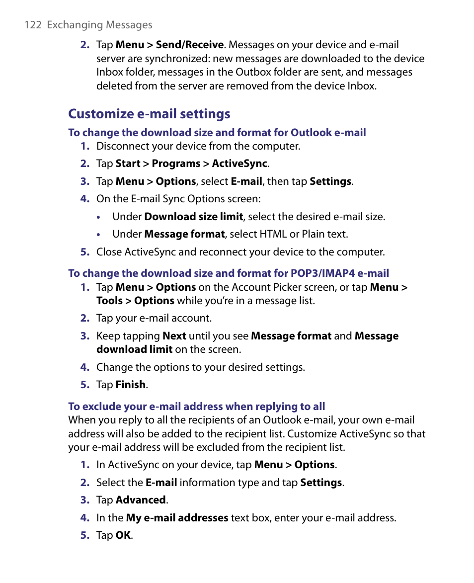 Customize e-mail settings | HTC Tilt 8900 User Manual | Page 122 / 240