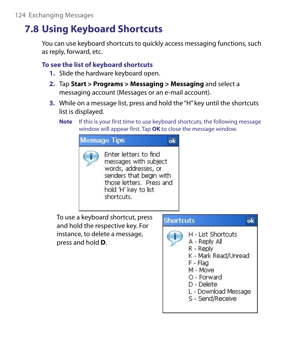 8 using keyboard shortcuts | HTC Tilt 8900 User Manual | Page 124 / 240