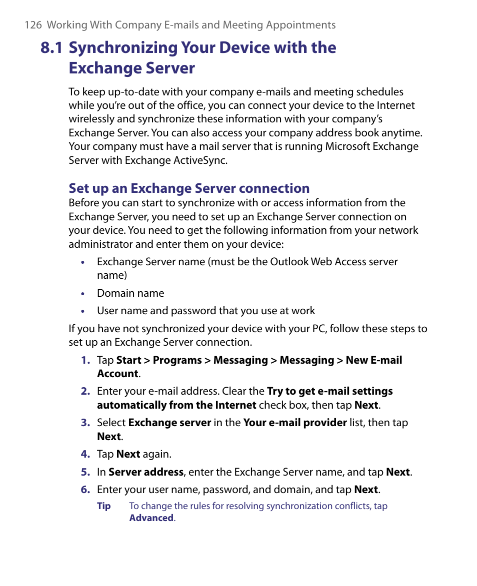 1 synchronizing your device with, The exchange server, Set up an exchange server connection | HTC Tilt 8900 User Manual | Page 126 / 240