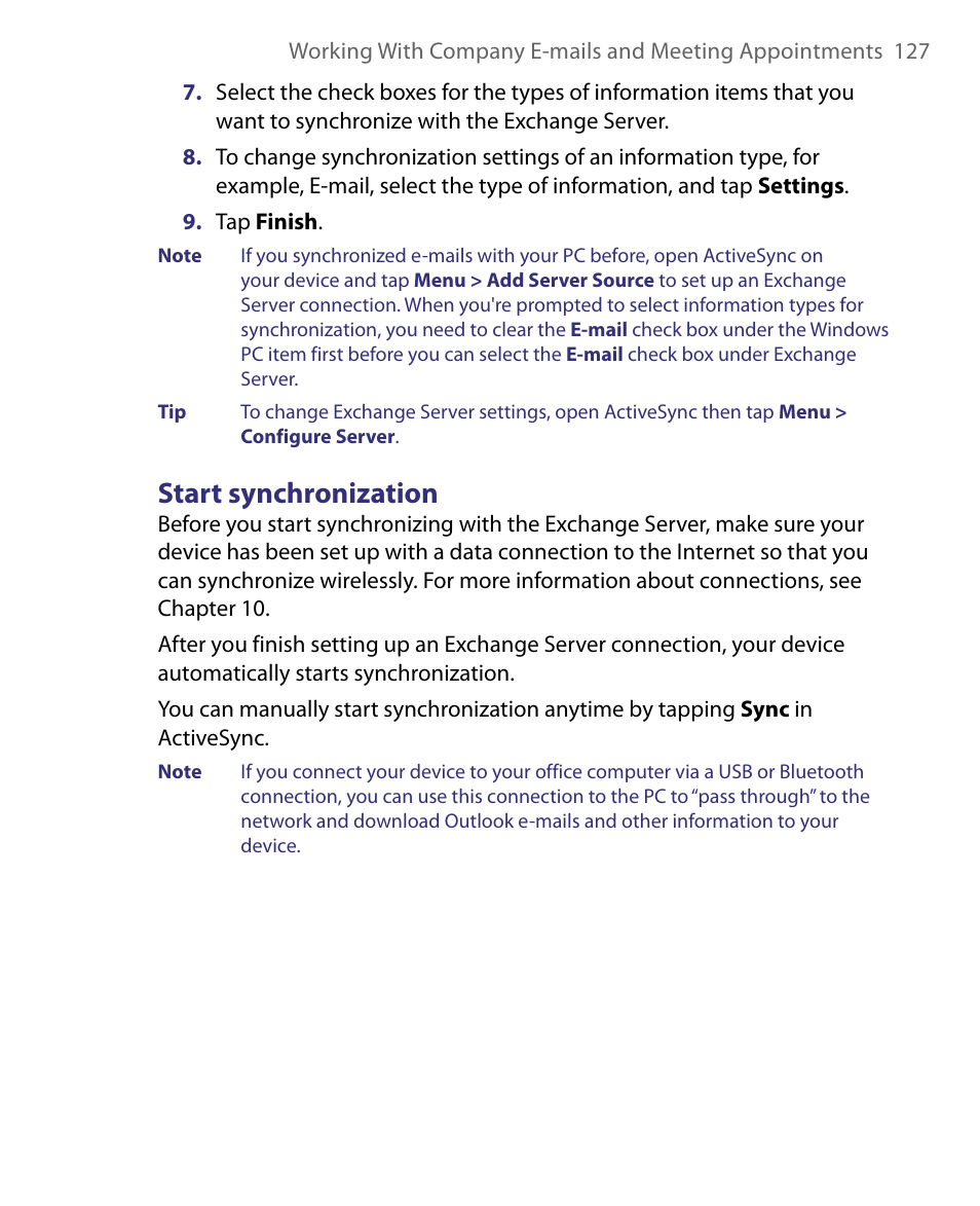Start synchronization | HTC Tilt 8900 User Manual | Page 127 / 240