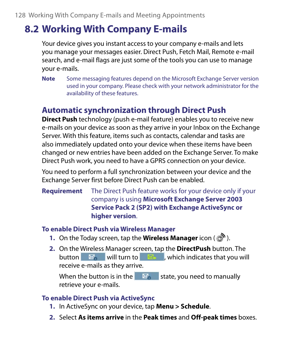 2 working with company e-mails, Automatic synchronization through direct push | HTC Tilt 8900 User Manual | Page 128 / 240