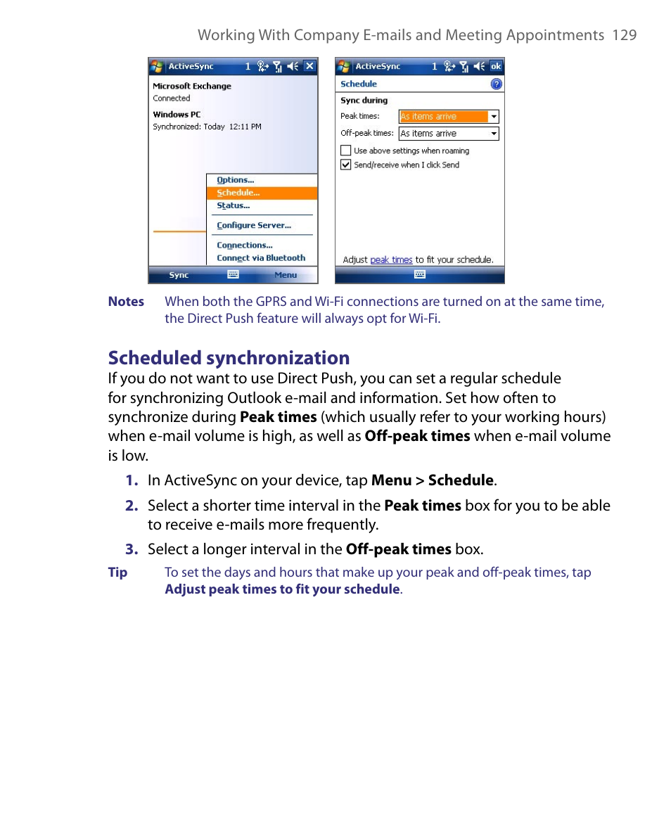 Scheduled synchronization | HTC Tilt 8900 User Manual | Page 129 / 240