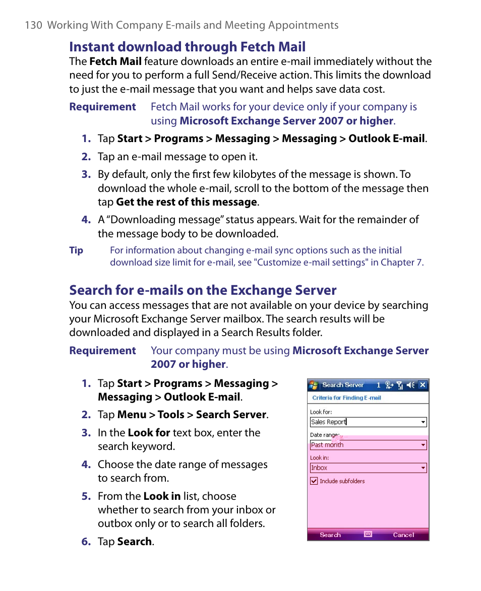 Instant download through fetch mail, Search for e-mails on the exchange server | HTC Tilt 8900 User Manual | Page 130 / 240