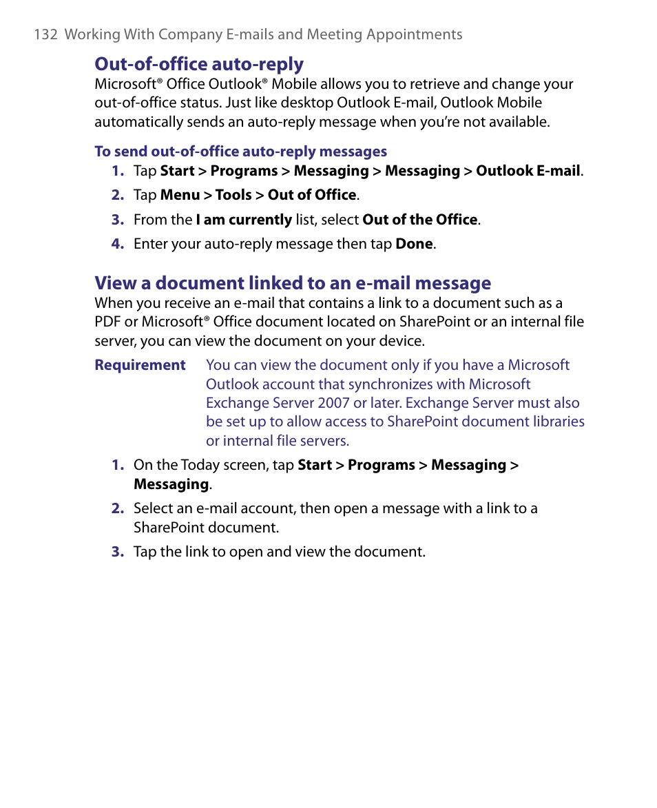 Out-of-office auto-reply, View a document linked to an e-mail message | HTC Tilt 8900 User Manual | Page 132 / 240