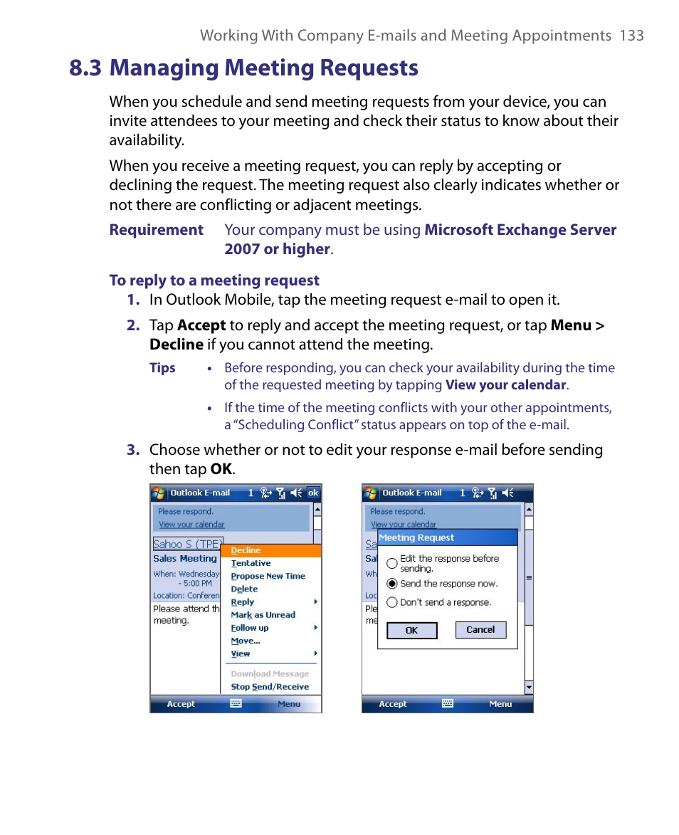 3 managing meeting requests | HTC Tilt 8900 User Manual | Page 133 / 240