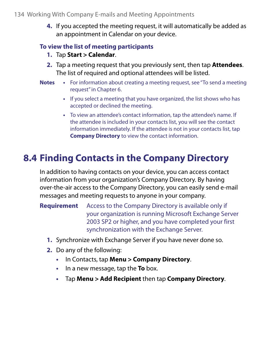 4 finding contacts in the, Company directory, 4 finding contacts in the company directory | HTC Tilt 8900 User Manual | Page 134 / 240