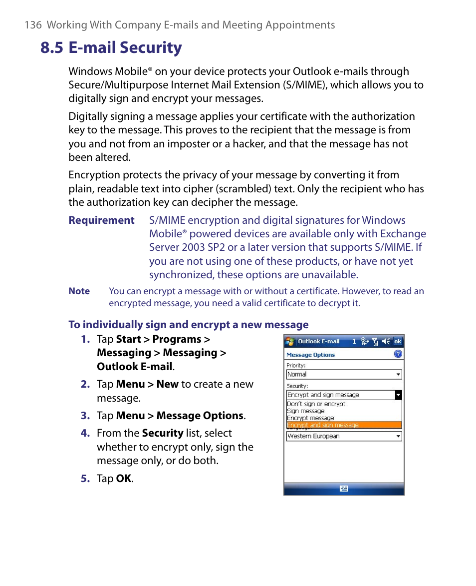 5 e-mail security | HTC Tilt 8900 User Manual | Page 136 / 240